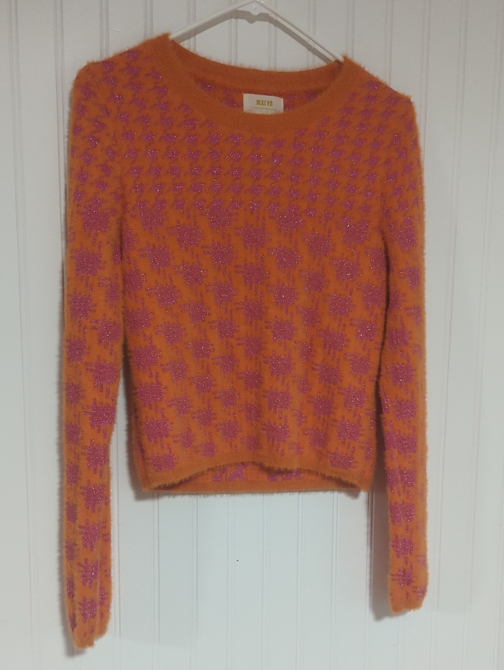 Maeve Orange Crewneck Sweater with Pink Sparkle Houndstooth
